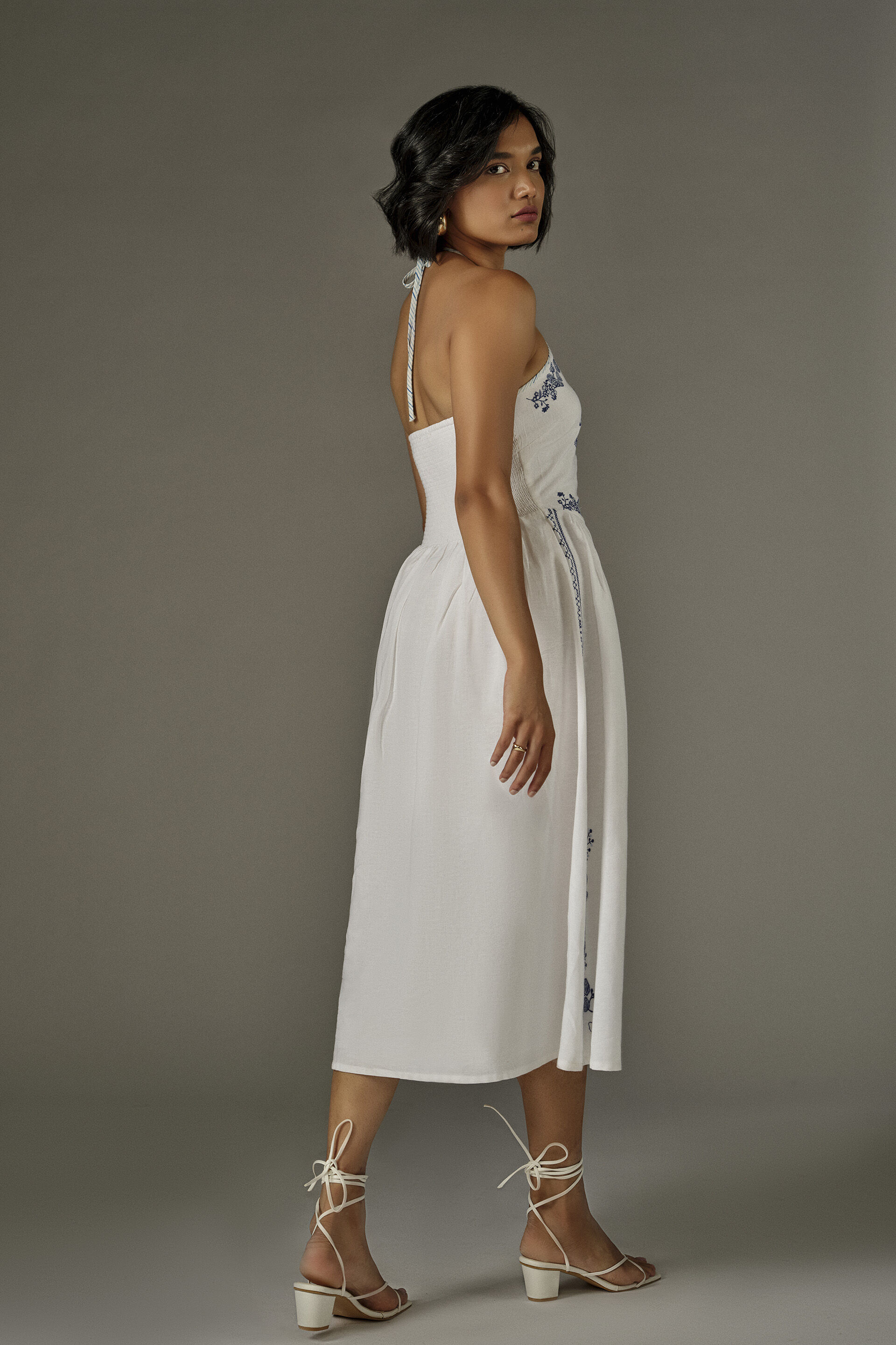 Halter Neckline Embroidered Midi Dress in White, White, image 6